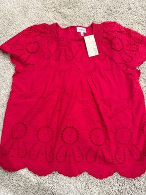 NWT Evereve Eyelet Short Sleeve Blouse in Hot Pink
